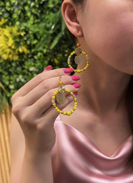 Yellow Beaded Solar Mandala Earrings - Solar Bloom