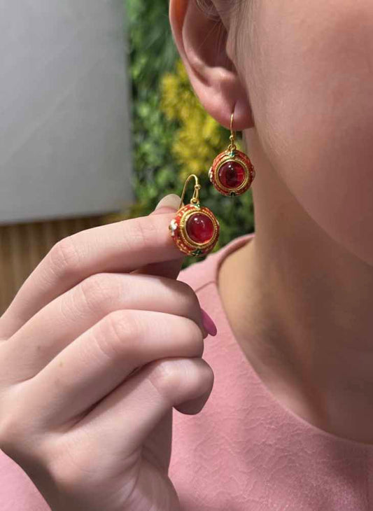 Garnet Red Enamel Earrings - Crimson Bloom