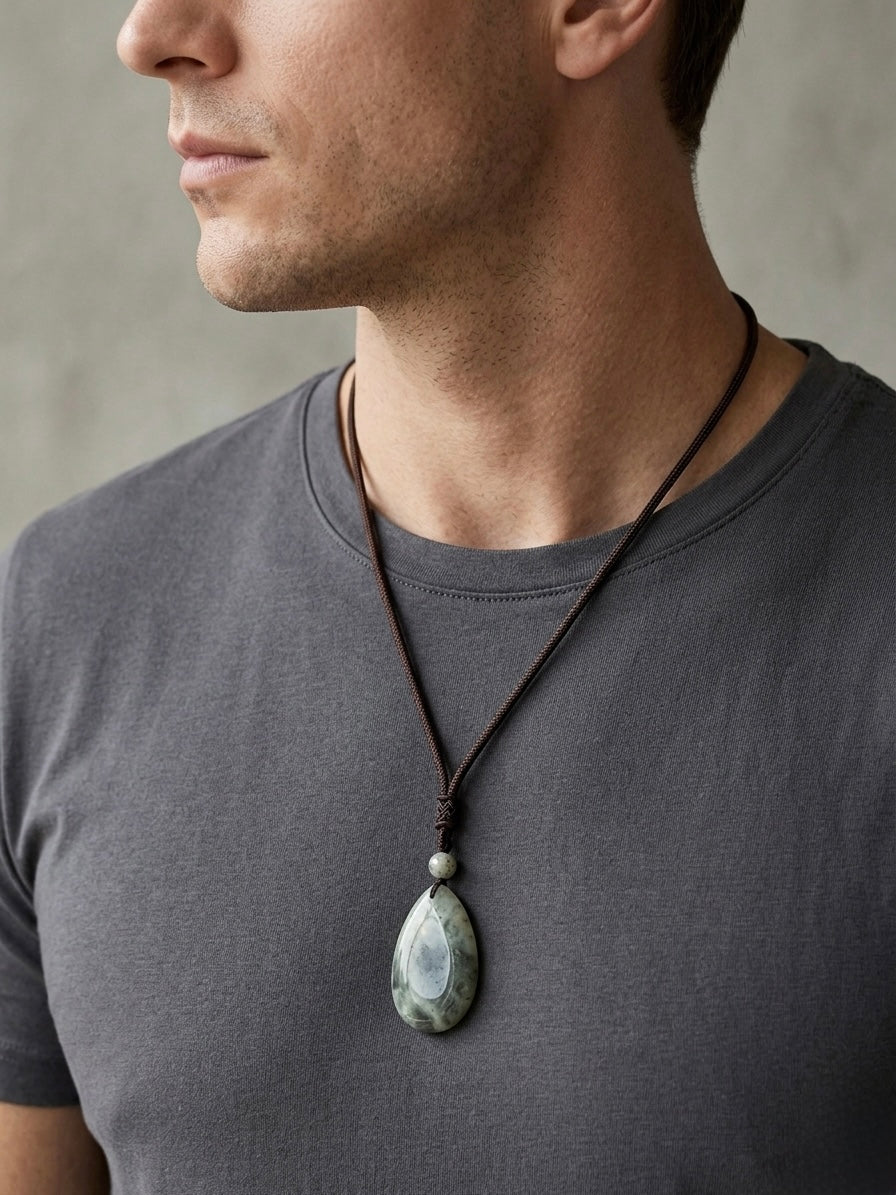 A man wearing a dark gray t-shirt and a dark brown cord necklace with a teardrop-shaped green stone pendant.