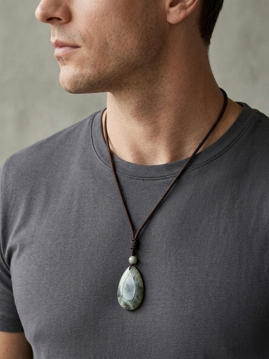 A man wearing a dark gray t-shirt and a dark brown cord necklace with a teardrop-shaped green stone pendant.