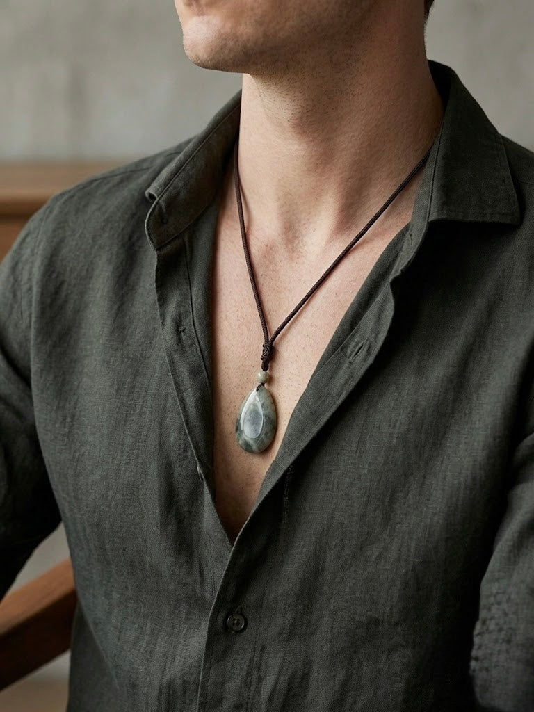 A close-up of a man wearing a dark charcoal linen shirt and a dark brown cord necklace with a polished gray teardrop pendant.