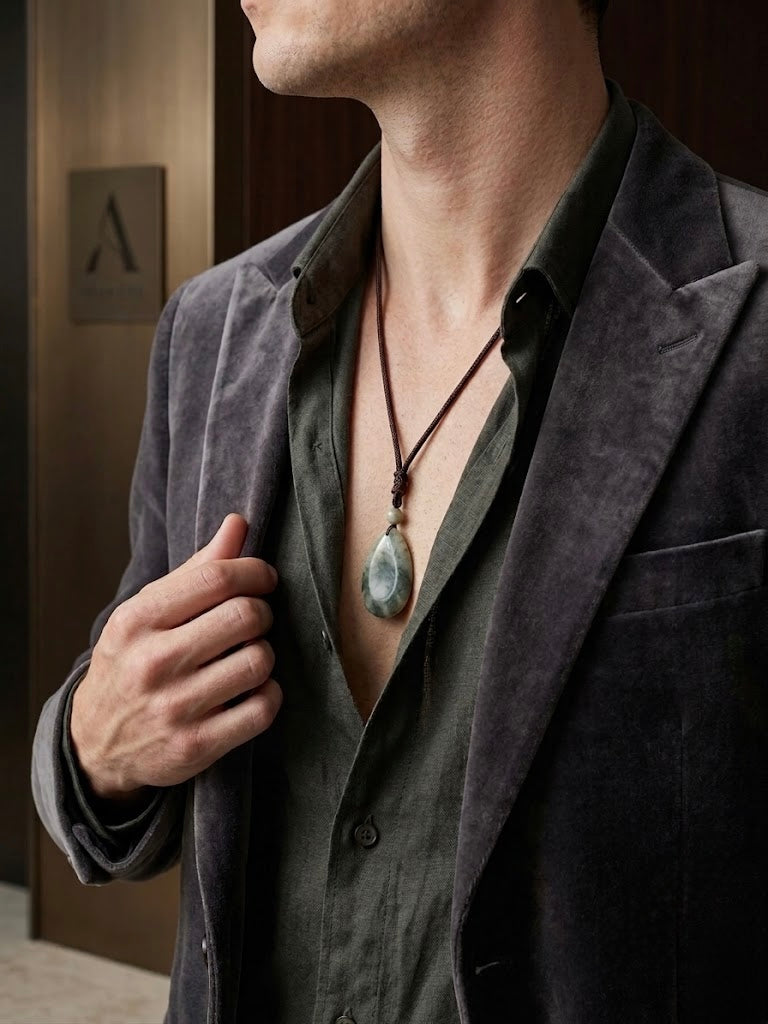 A close-up lifestyle shot of a man wearing a dark gray velvet blazer over a dark olive green linen shirt, accessorized with a dark brown cord necklace featuring a teardrop-shaped gray stone pendant.