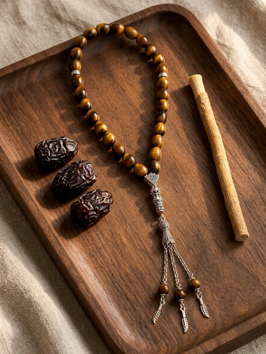 A beaded necklace with brown tiger's eye-like round beads, silver-toned metal details, and a tassel charm, arranged on a dark wooden tray with three dark dates and a light wooden stick beside it.