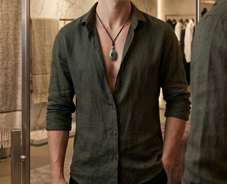 A man wearing a dark olive green linen button-down shirt with rolled-up sleeves and a dark pendant necklace, standing in a clothing store.