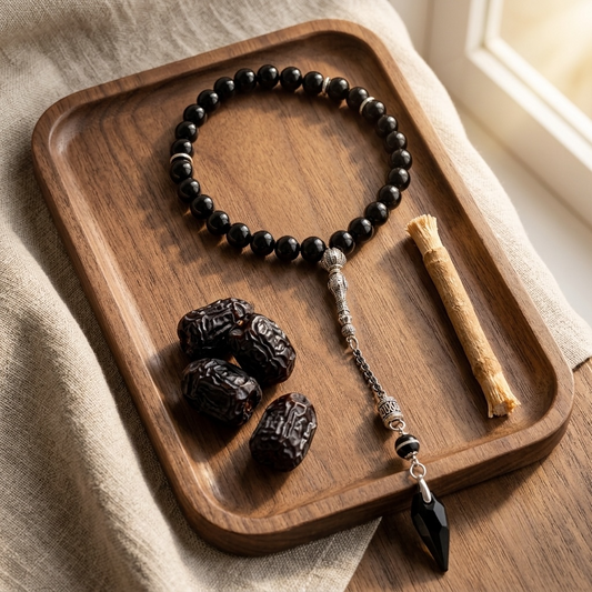 A beaded bracelet or mala-style necklace made of glossy black round beads, laid on a wooden tray with three dark dates and a small piece of natural fiber beside it. The piece has a silver-toned chain section and a black faceted pendant, photographed in warm natural light on beige fabric.