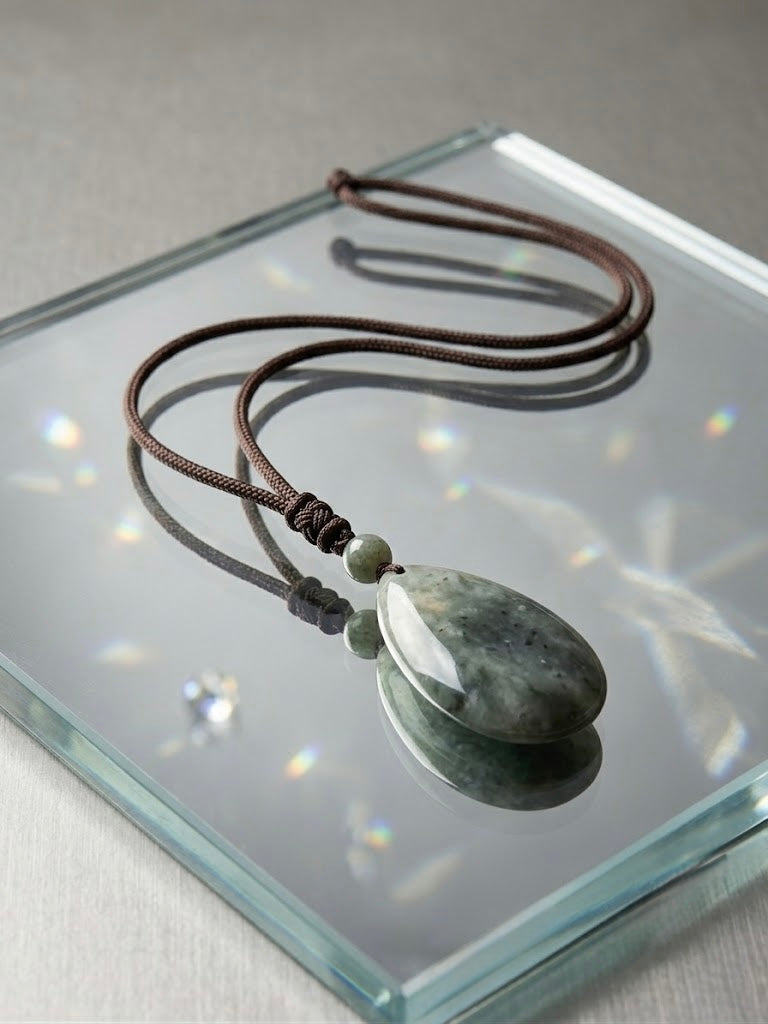 A teardrop-shaped polished stone pendant necklace in dark gray with greenish-gray marbling, suspended from a dark brown cord with small beads, displayed on a reflective glass tray.