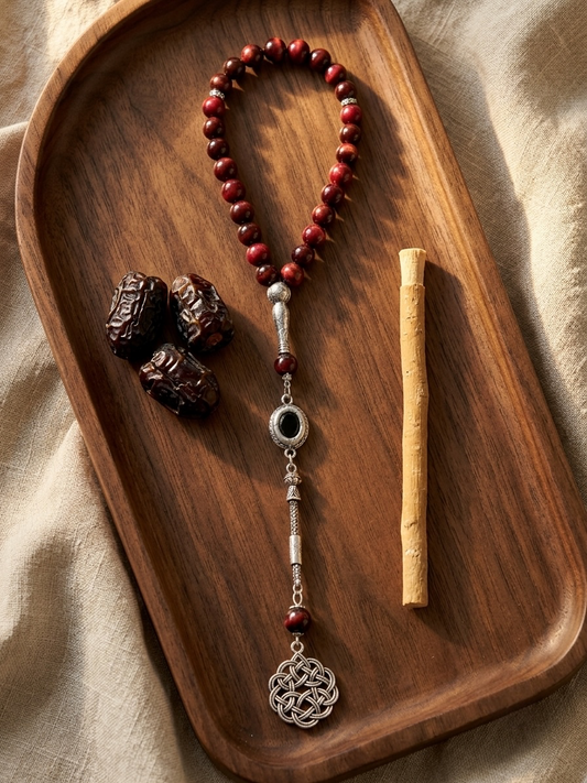 A beaded necklace with dark red beads, silver-toned metal details, and a circular pendant, arranged on a wooden tray with dates and a small wooden stick against a beige fabric background.