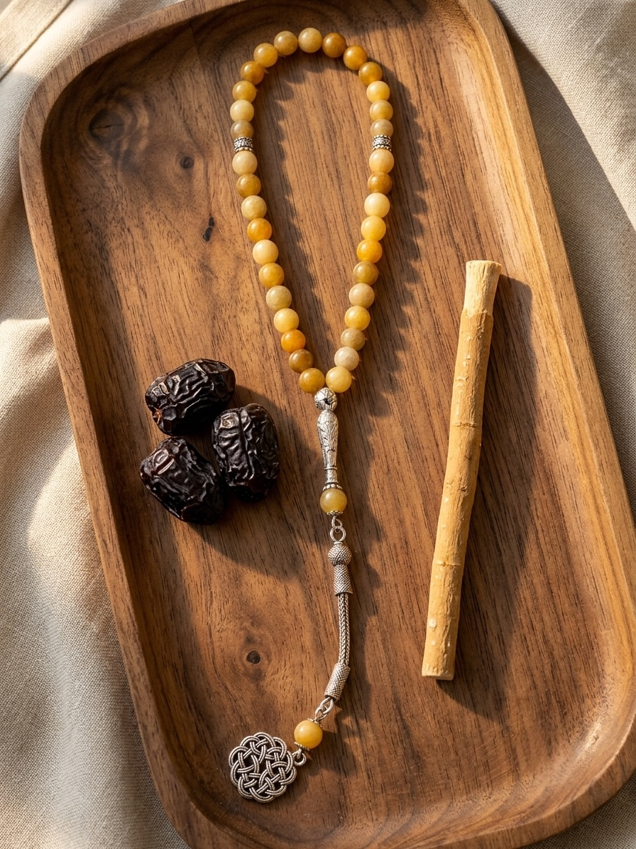 A beaded necklace with round yellow beads, silver-toned spacer details, and a silver-toned circular pendant, arranged on a wooden tray with dark brown dates and a light wood stick.