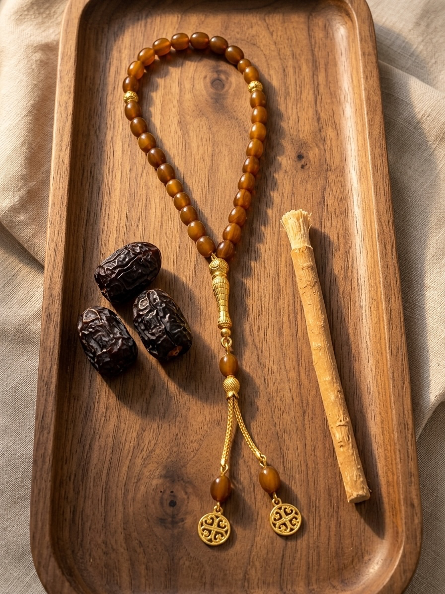 A wooden tray holds a brown beaded necklace with gold-toned accents and two dangling round charms, styled with three dark dates and a light wood stick on a beige fabric background.