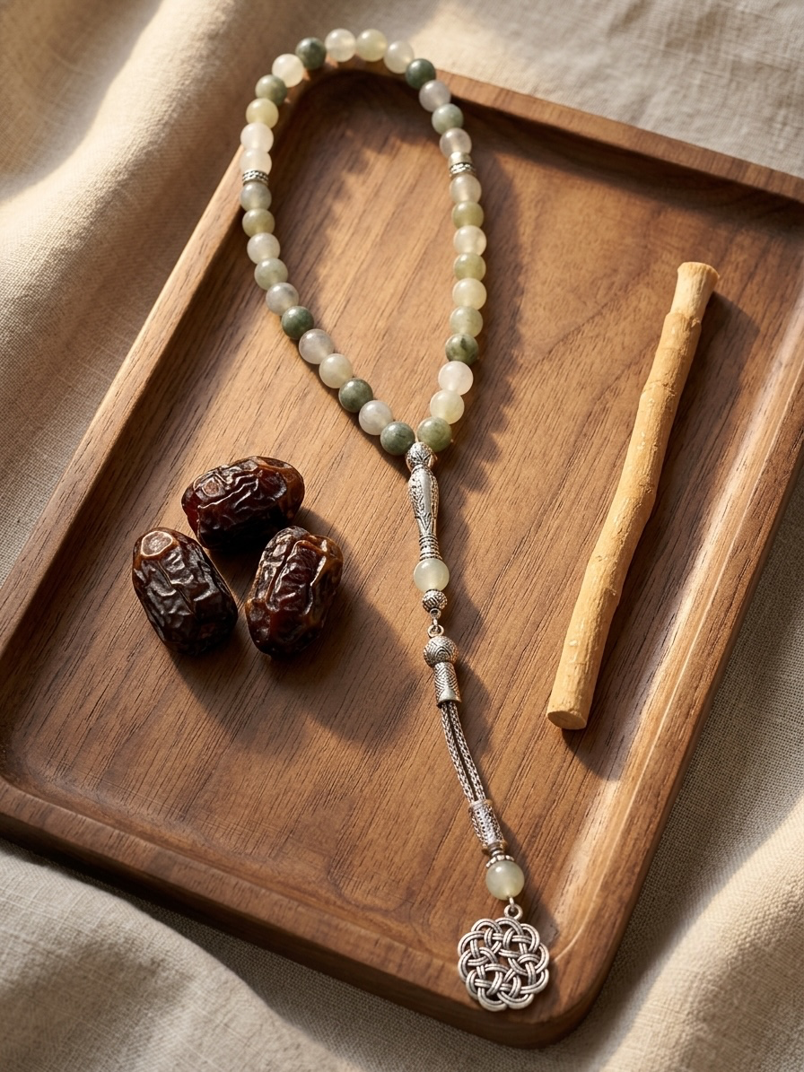 A beaded necklace with pale green and white stones, a silver-toned spacer, and a silver-toned circular pendant, arranged on a wooden tray with three dark dates and a wooden stick.
