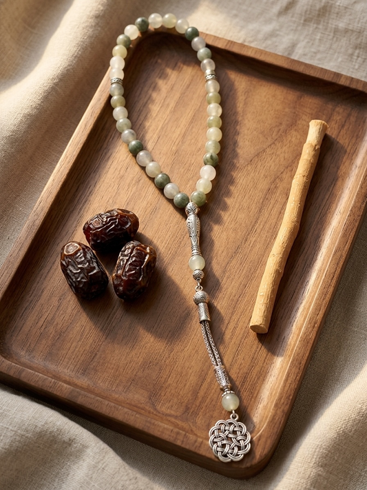 A beaded necklace with pale green and white stones, a silver-toned spacer, and a silver-toned circular pendant, arranged on a wooden tray with three dark dates and a wooden stick.