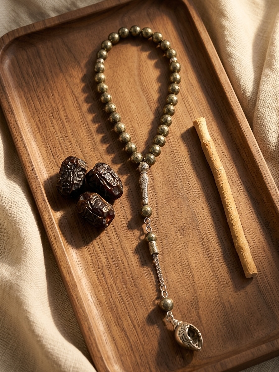 A beaded necklace with metallic bronze beads, a silver-toned central connector, and a dangling shell-shaped charm, arranged on a wooden tray with three dark dates and a wooden stick against a beige fabric background.