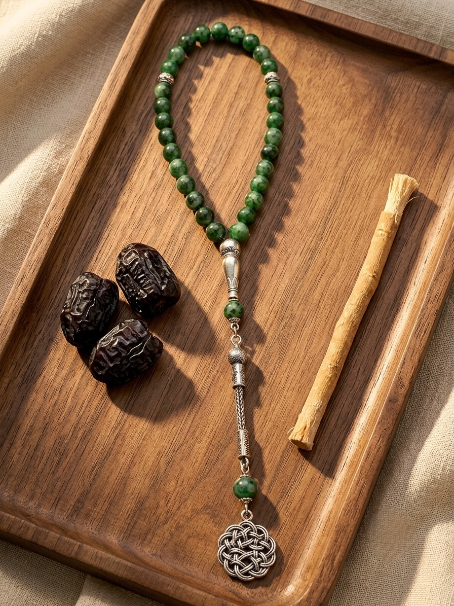 A beaded necklace with green stone beads, silver-toned spacer details, and a silver Celtic knot pendant, displayed on a wooden tray alongside dark carved stones and a small wooden stick.