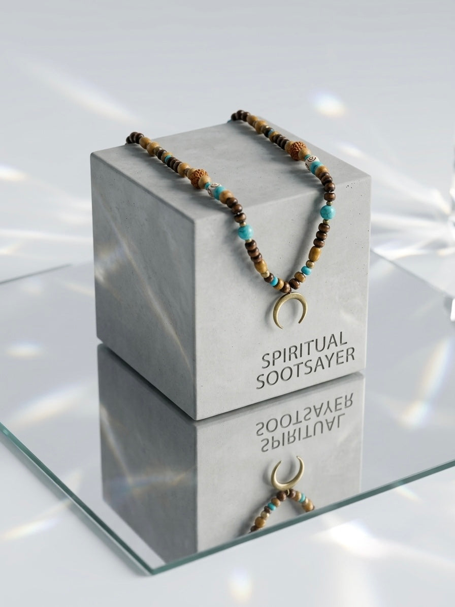 A beaded necklace with brown and tan beads, turquoise blue accents, and a gold crescent moon pendant, draped over a gray cube display block labeled 'SPIRITUAL SOOTSAYER'.