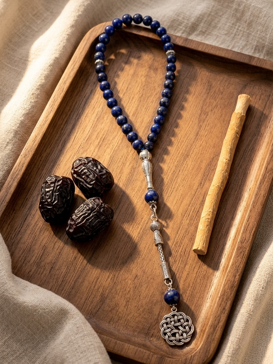 A beaded necklace with deep blue lapis lazuli-style round beads and silver-toned metal accents, laid on a wooden tray beside three dark dates and a light wood stick. The necklace has a circular silver pendant and a blue accent bead near the clasp.