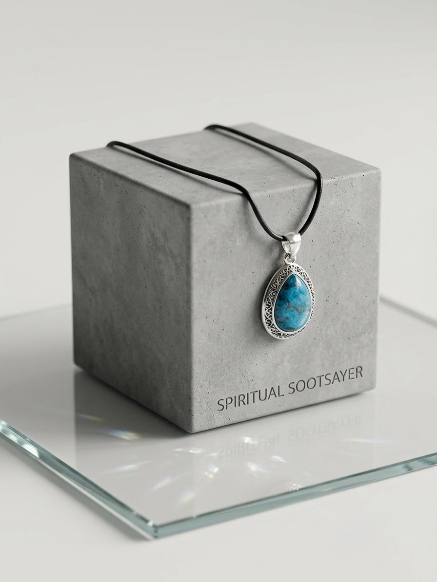 A teardrop-shaped pendant necklace with a blue marbled stone and silver-toned border, hanging on a black cord from a gray display box labeled 'SPIRITUAL SOOTSAYER'.