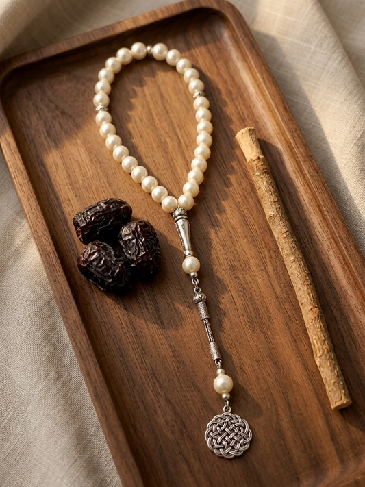 A beaded necklace with cream-colored pearls and silver-toned metal accents, displayed on a wooden tray alongside three dark dates and a small wooden stick.