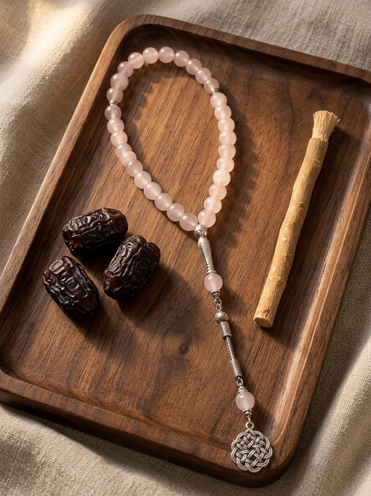 A pink stone beaded necklace with silver-toned metal accents and a tassel charm, arranged on a wooden tray alongside three dark dates and a small wooden stick on a beige fabric background.