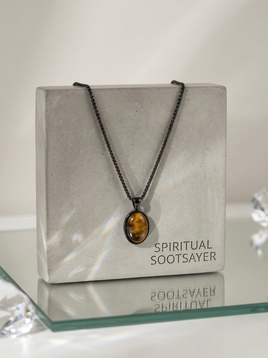 A dark metal necklace with an oval tiger's eye pendant displayed on a textured gray block labeled 'SPIRITUAL SOOTSAYER'.