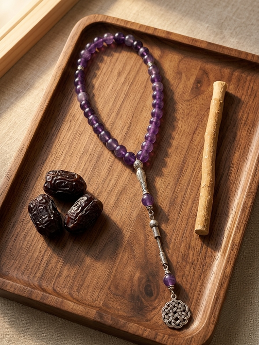 A beaded prayer rope or tassel necklace made of purple gemstone beads and silver-toned metal, arranged on a wooden tray with dates and a small wooden stick.