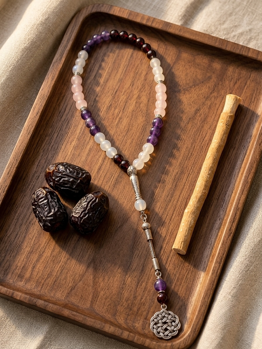 A beaded necklace with translucent pink, purple, and white beads, a silver-toned chain, and a round silver pendant, arranged on a wooden tray with dates and a wooden stick.