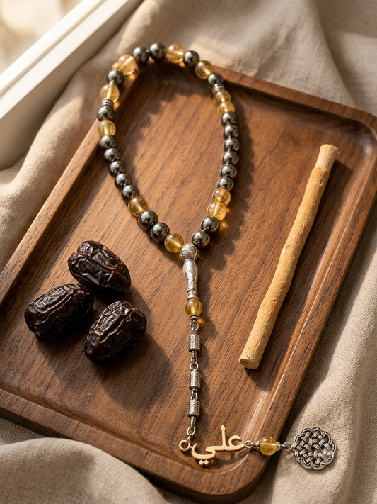 Golden Harmony Pyrite & Citrine Crystal Misbah with Silver Finish Tassel