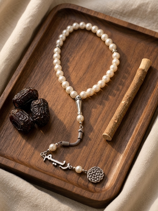A beaded necklace with white pearls and silver-toned metal details, displayed on a wooden tray with dates and a wooden stick prop.
