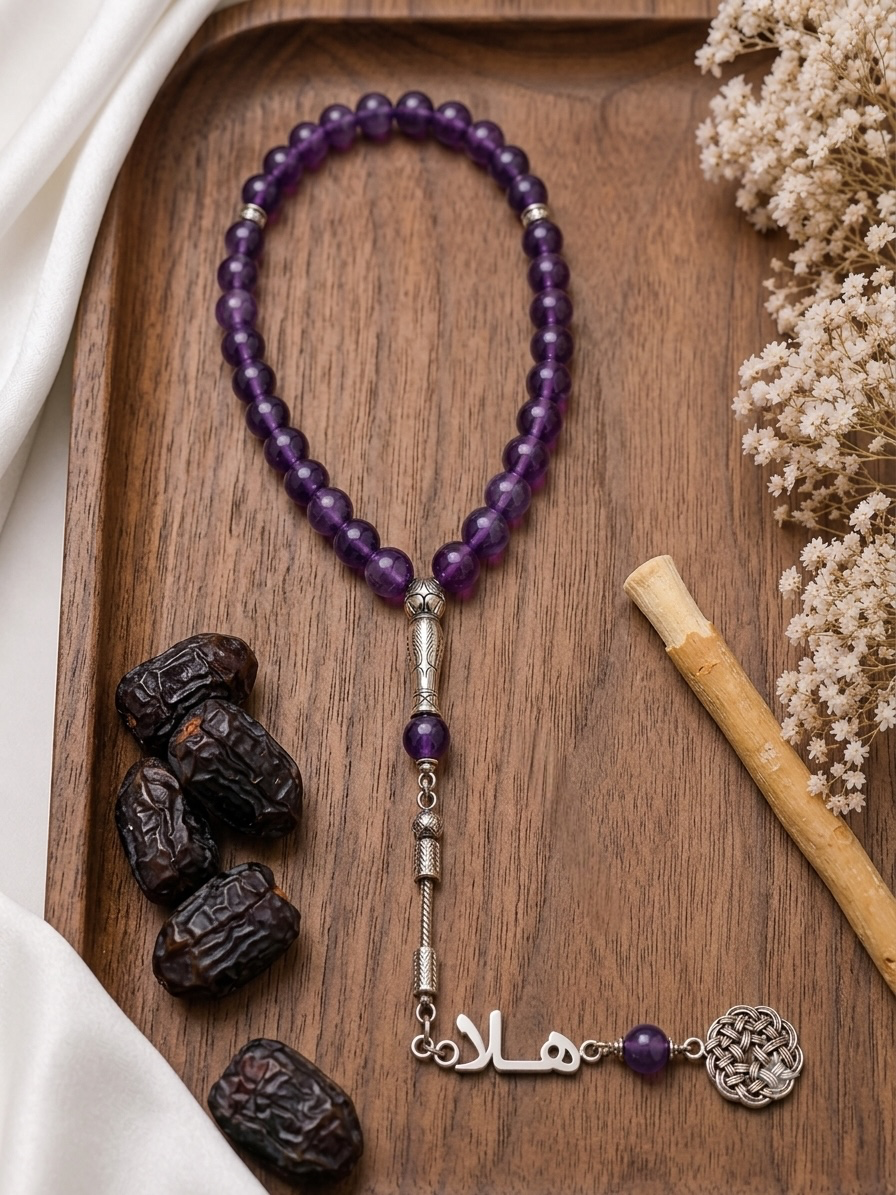 A beaded prayer rope (Tasbih) made of purple amethyst and silver-toned metal, displayed on a wooden tray with decorative dried flowers, dates, and a cinnamon stick.