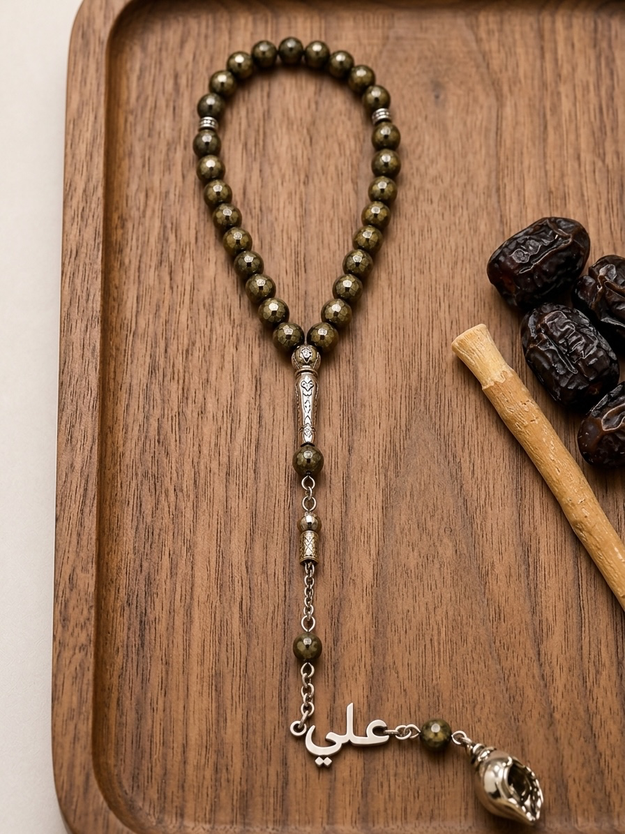 A beaded necklace with olive green and dark brown beads, featuring a silver-toned metal tassel and Arabic calligraphy pendant, displayed on a wooden tray next to dates and a cinnamon stick.