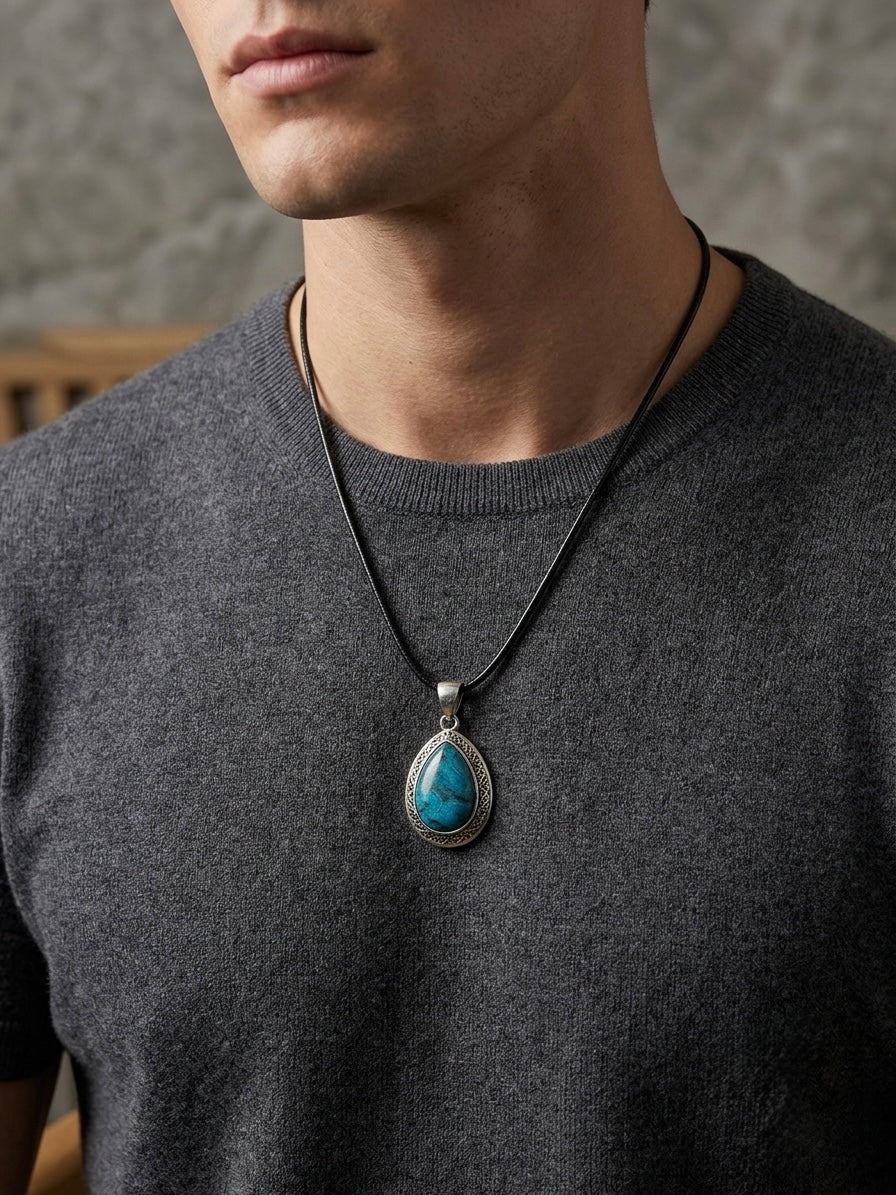 A close-up of a man wearing a dark gray knit crewneck sweater and a silver-toned pendant necklace with a teardrop-shaped turquoise-blue stone.