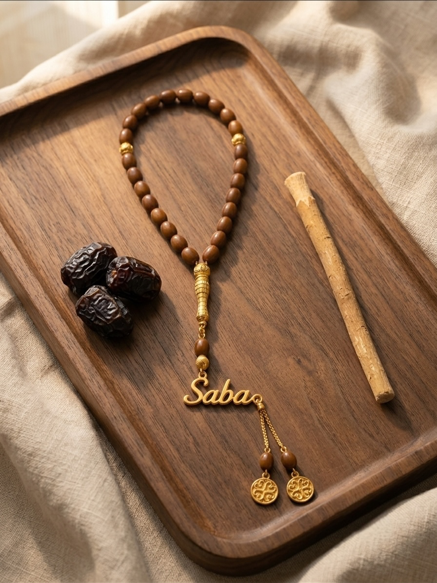 A wooden and gold beaded tassel necklace with a 'Saba' nameplate and two hanging medallions, arranged on a wooden tray with dates and a reed stick against a beige fabric background.