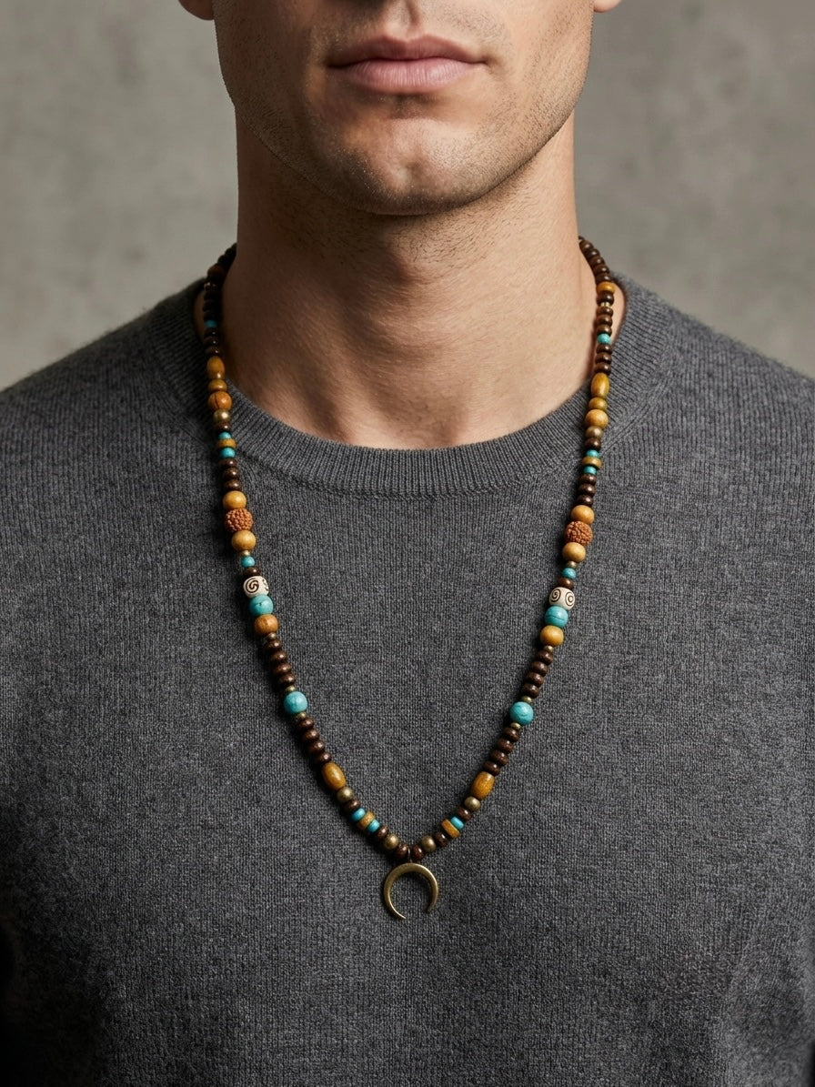 A man wearing a long beaded necklace with brown wooden beads, turquoise accents, and a crescent moon pendant, paired with a gray knit sweater.