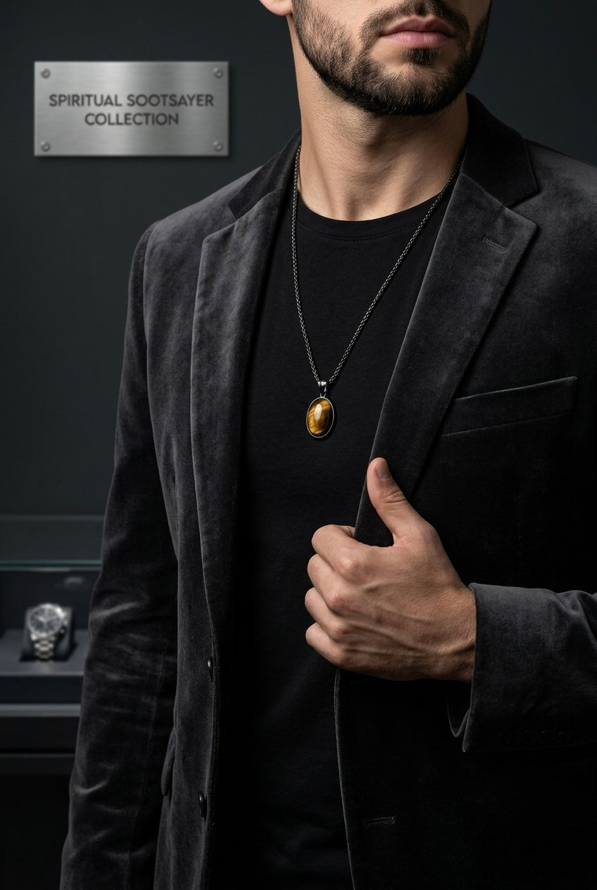 A man wearing a black velvet blazer over a black t-shirt, accessorized with a silver chain necklace featuring a polished brown oval pendant. The background is a dark gray studio setting with a display case and a metal sign that reads 'SPIRITUAL SCOTSAVER COLLECTION'.