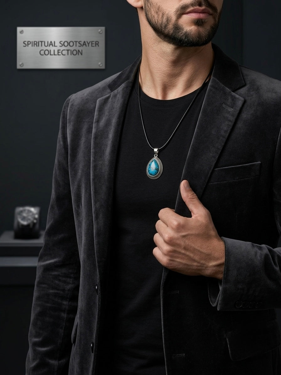 A man wearing a black velvet blazer over a black t-shirt, wearing a silver chain necklace with a teardrop-shaped turquoise pendant. A silver sign on the left reads 'SPIRITUAL SOOTSAYER COLLECTION'.