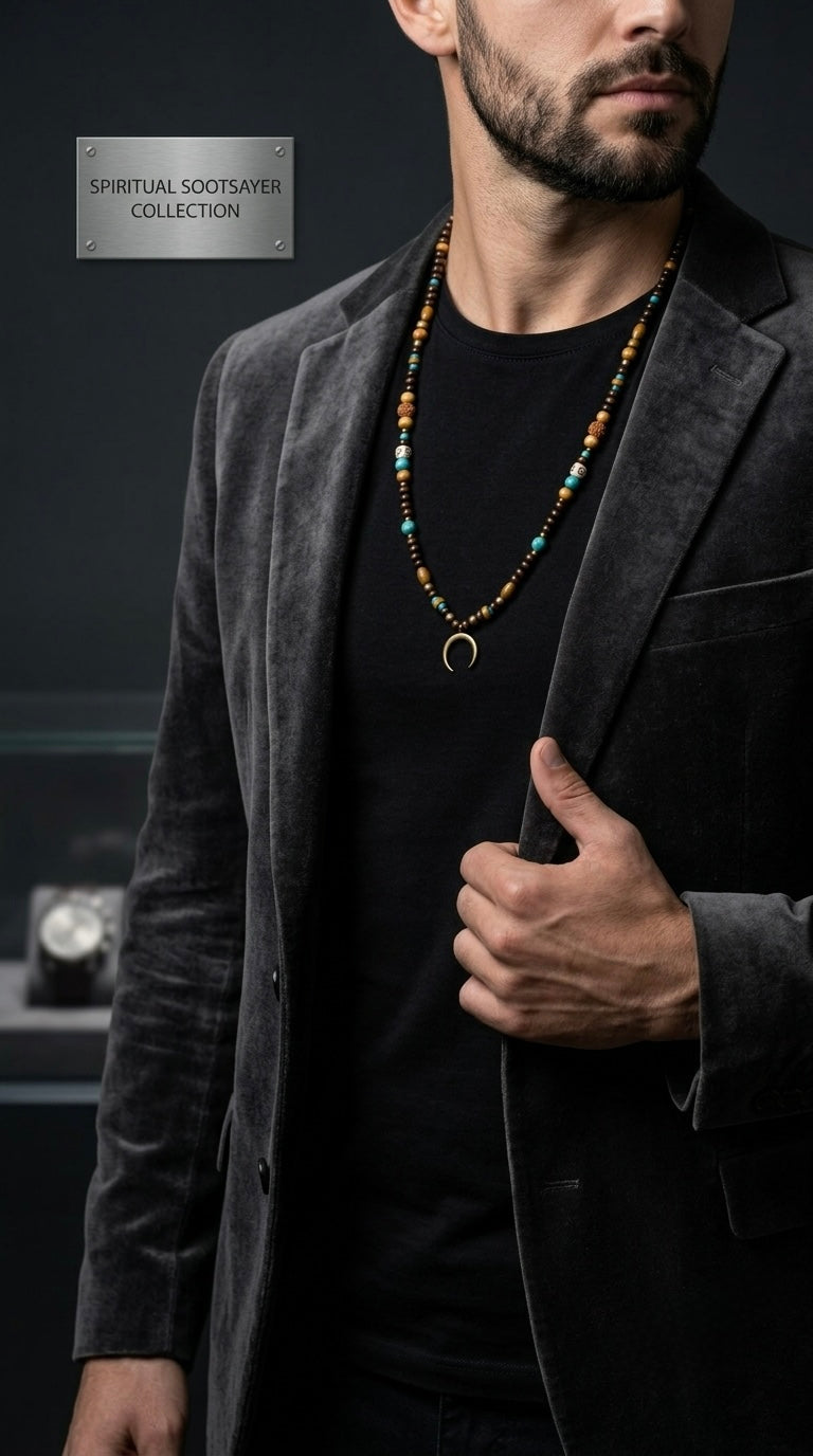 A man wearing a dark gray velvet blazer over a black t-shirt, showcasing a beaded spiritual necklace with a crescent moon pendant. The image has a dark background and a badge in the top left corner that reads 'SPIRITUAL SOULSHATTER COLLECTION'.