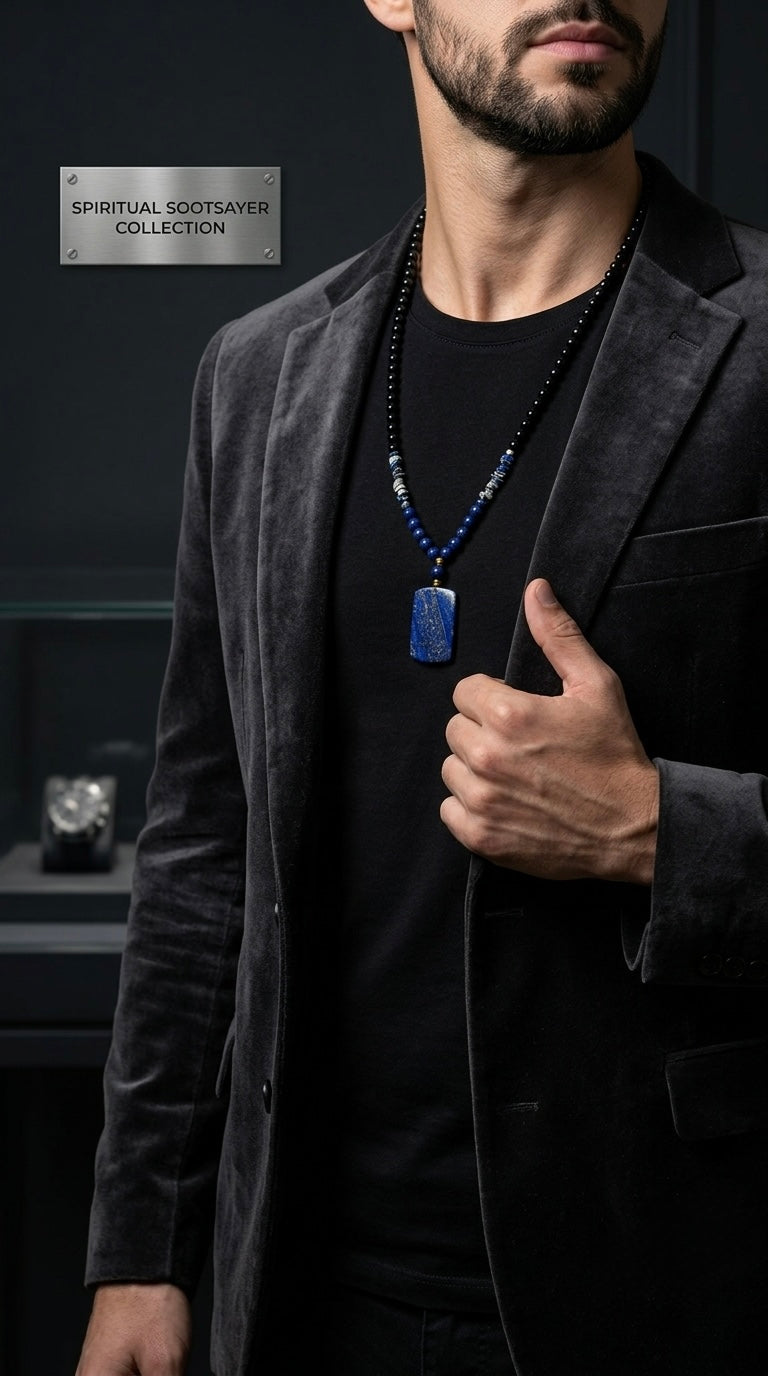A man wearing a black t-shirt and a dark gray velvet blazer, showcasing a blue sapphire dog tag necklace with a beaded chain. A small metal plaque on the left reads 'SPIRITUAL GOATSAYE COLLECTION'.
