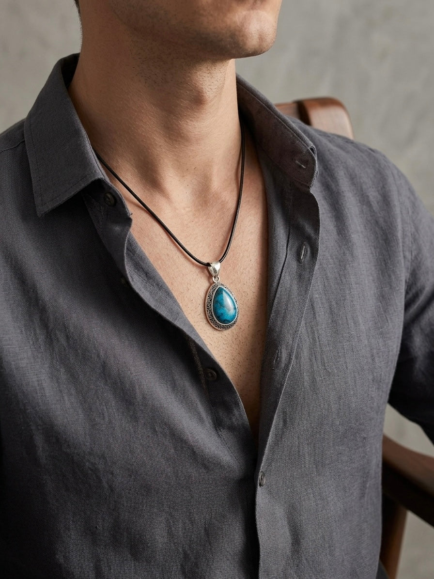 A close-up of a man wearing a dark gray linen shirt and a silver-toned necklace with a teardrop-shaped turquoise pendant.