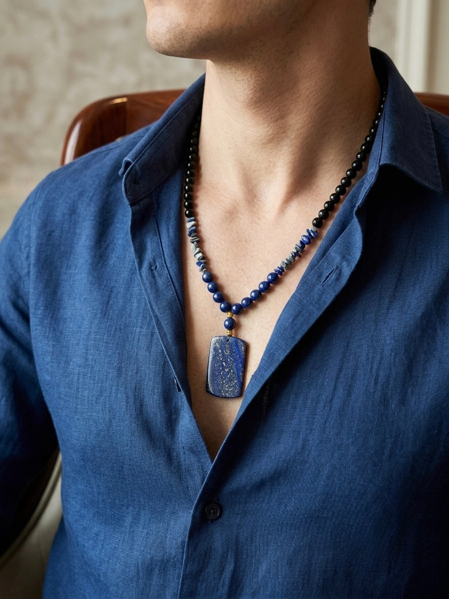 A close-up of a man wearing a blue button-down shirt and a beaded necklace with a rectangular blue pendant.