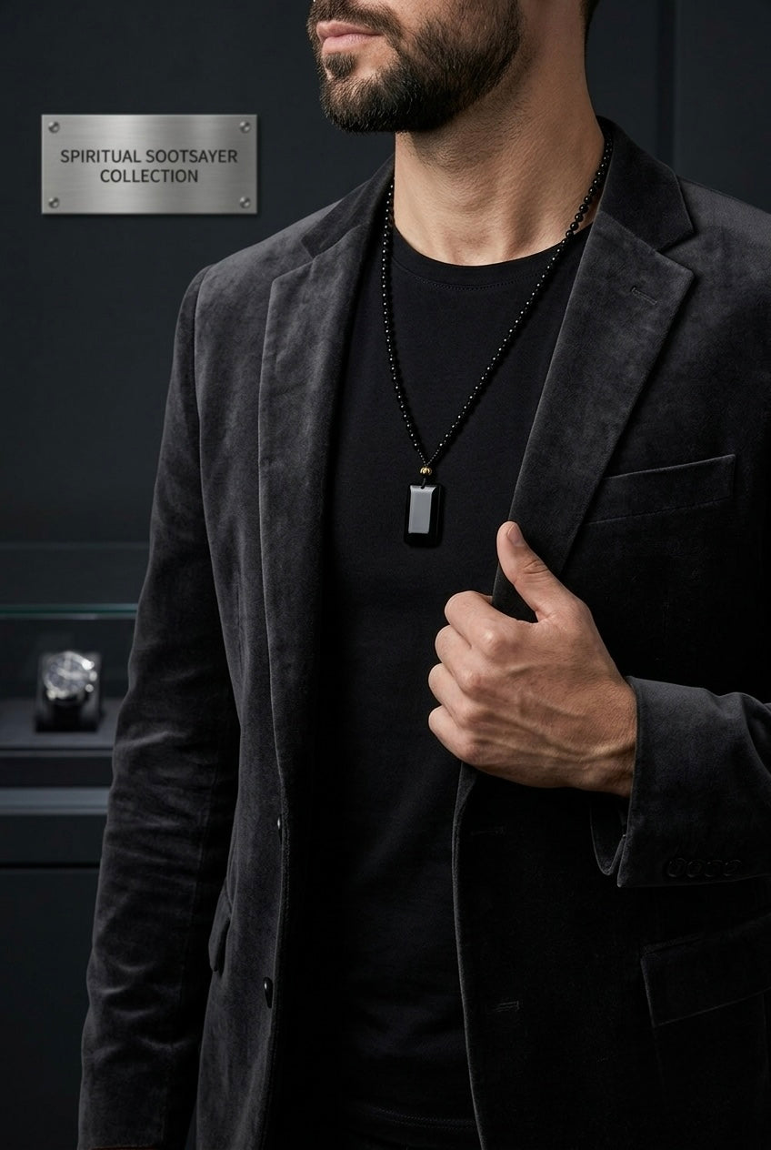 A man wearing a black corduroy blazer over a black t-shirt, showcasing a black pendant necklace with a silver-toned rectangular tag. A silver badge on the left reads 'SPIRITUAL SOOTSAVER COLLECTION'.