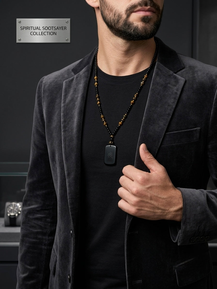 A man wearing a black velvet blazer over a black t-shirt, wearing a black beaded spiritual necklace with a rectangular black pendant. A silver badge in the top left corner reads 'SPIRITUAL SOOTSAVER COLLECTION'.