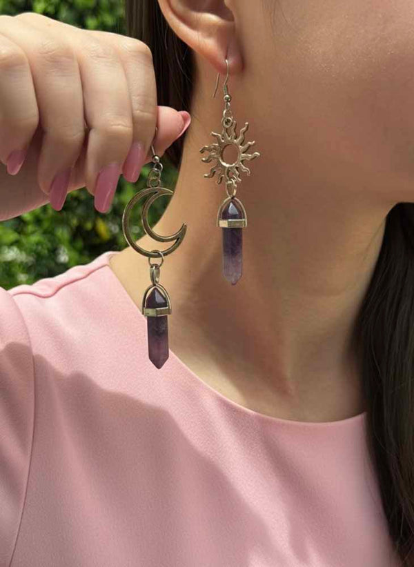 Celestial Balance – Sun & Moon Amethyst Point Earrings