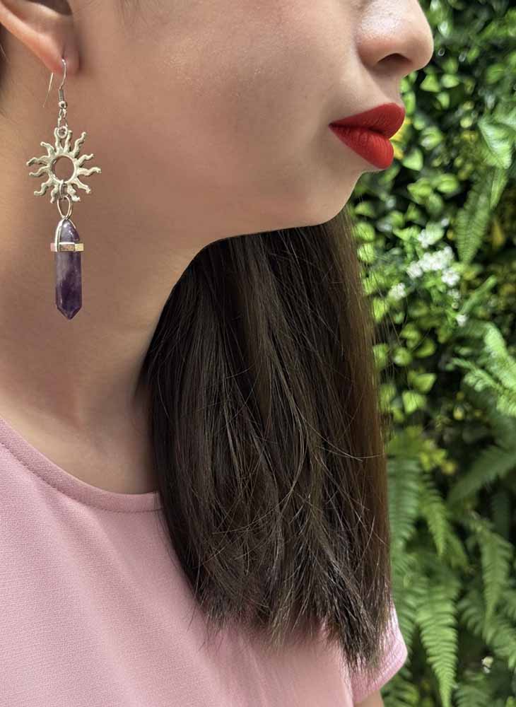 Celestial Balance – Sun & Moon Amethyst Point Earrings