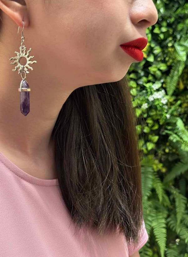 Celestial Balance – Sun & Moon Amethyst Point Earrings