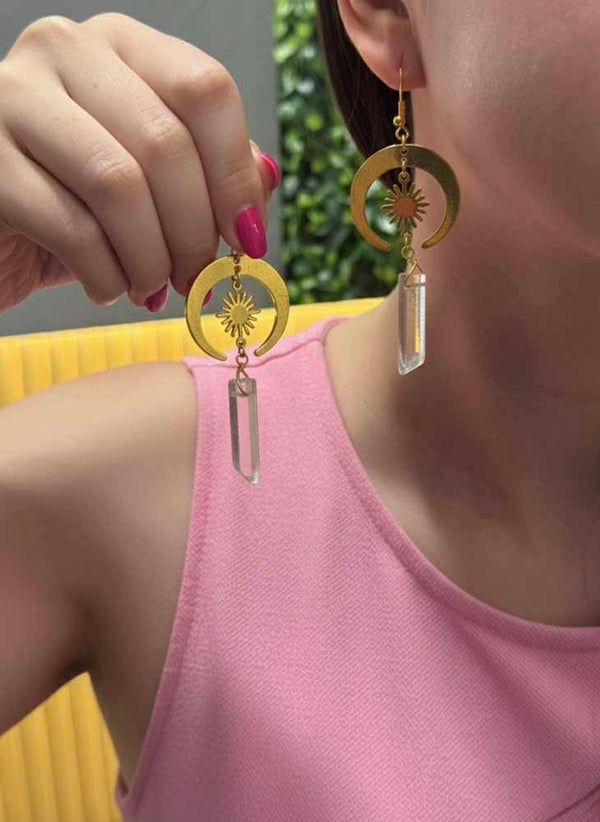 Celestial Beam – Moon & Sun Selenite Earrings