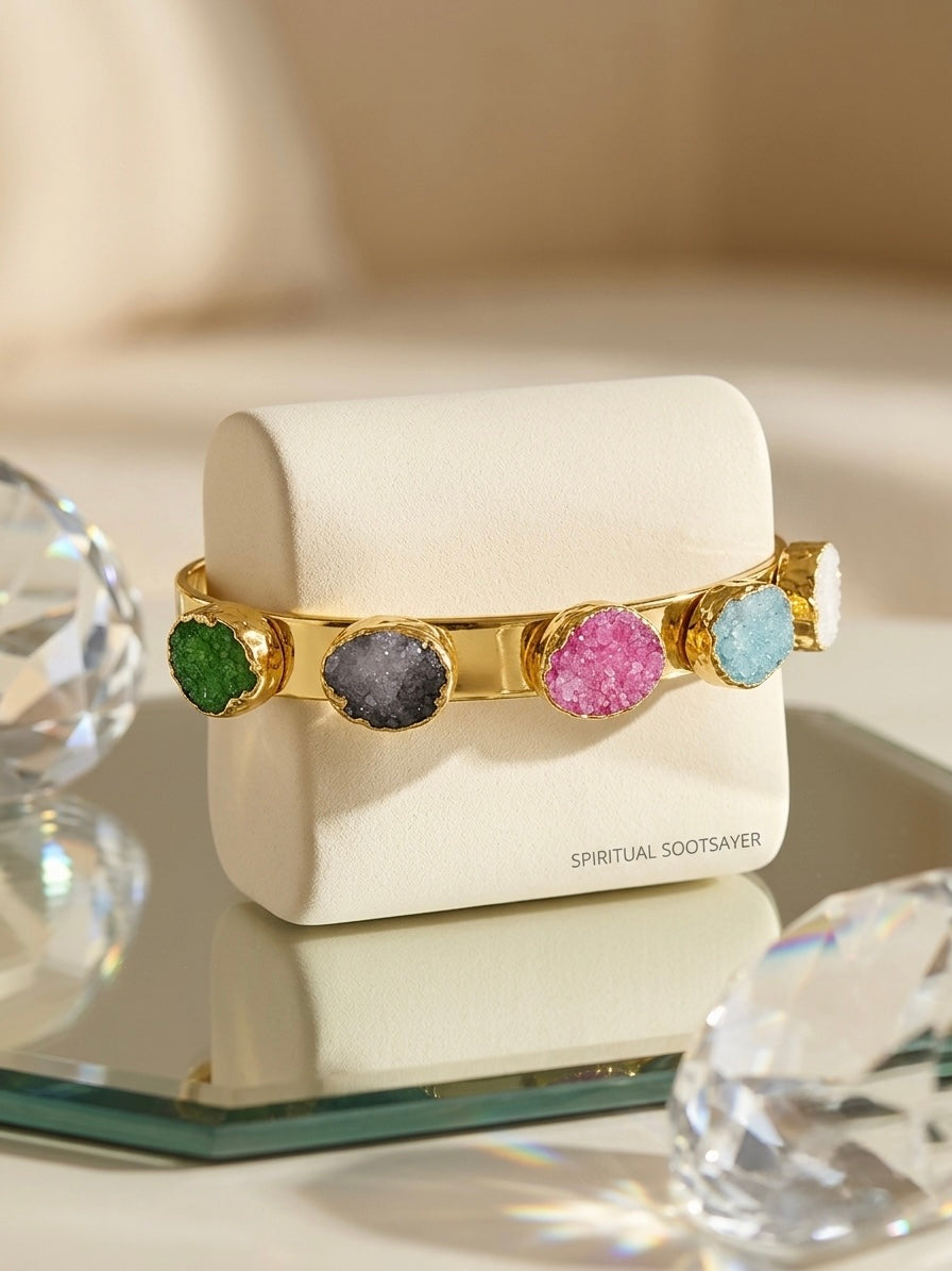 Aurora Spectrum Druzy Quartz Gold Cuff Bracelet