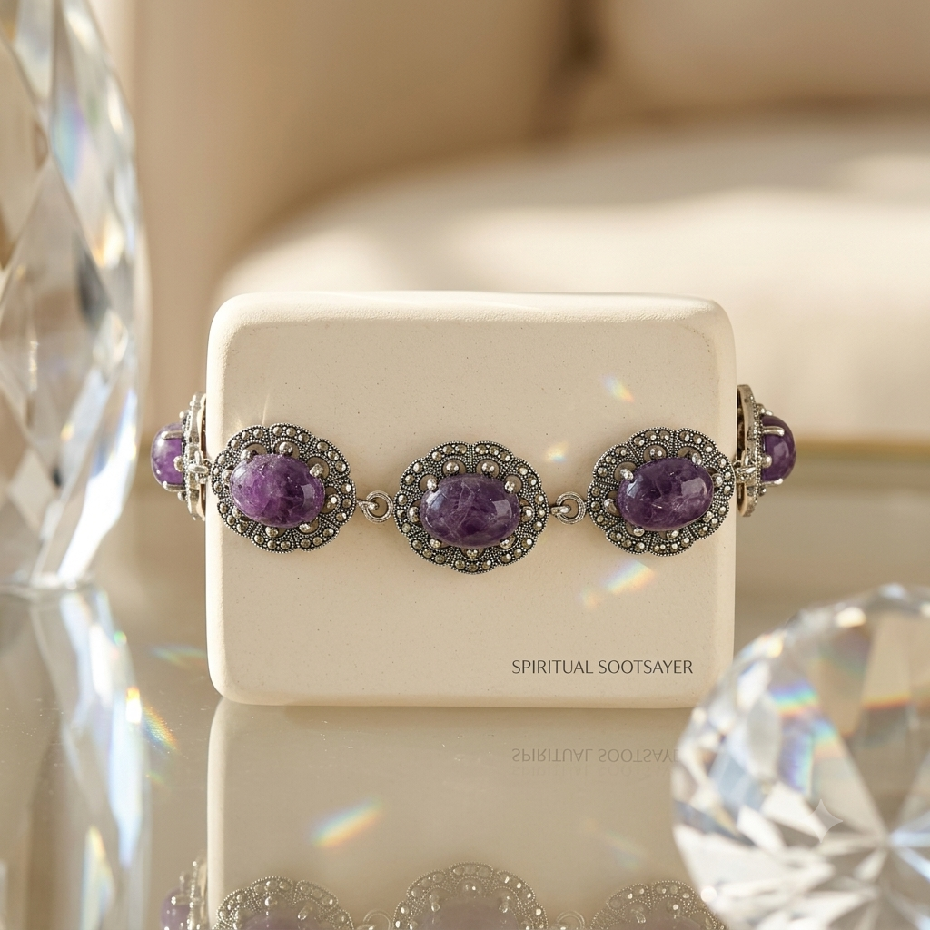 A silver-toned bracelet with three oval purple amethyst gemstones and surrounding clear rhinestones, displayed on a cream-colored jewelry box. The box has the text 'SPIRITUAL SOOTSAYER' printed on it.
