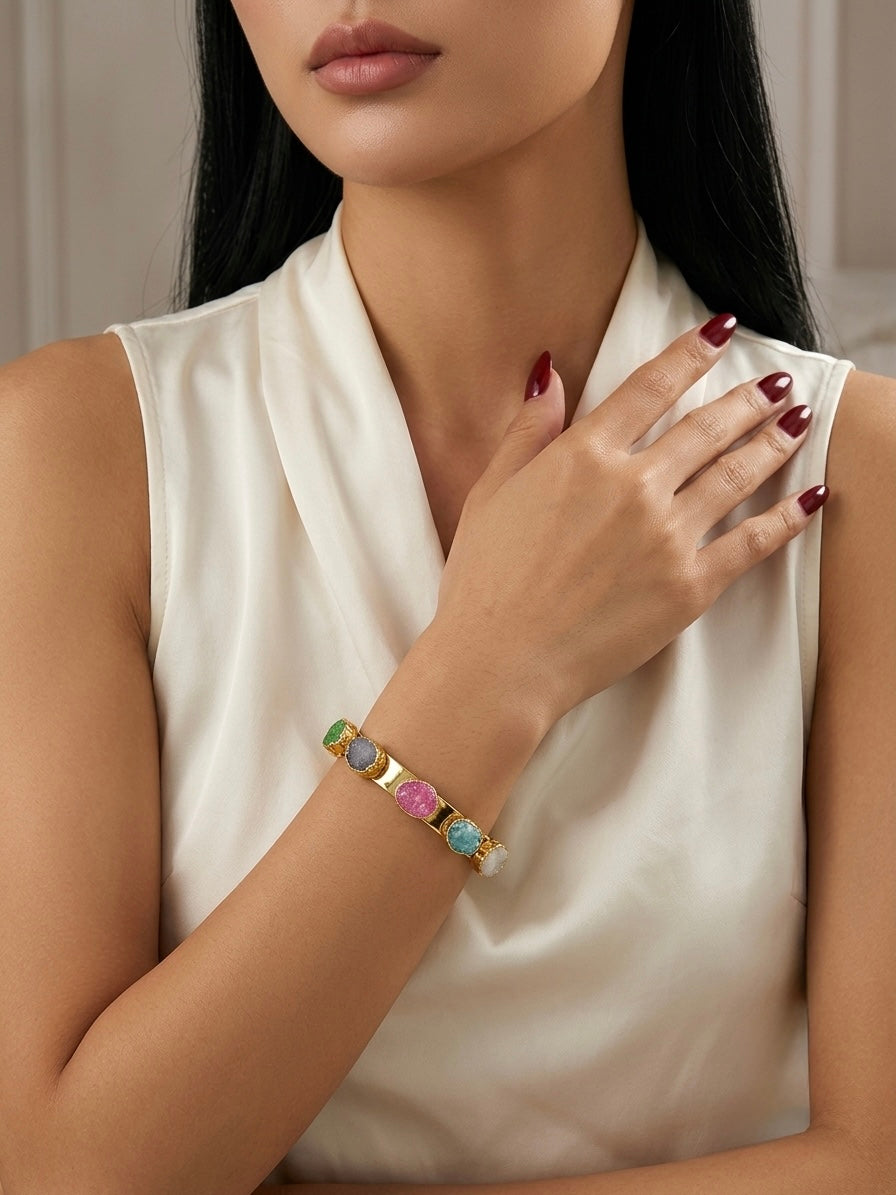 Aurora Spectrum Druzy Quartz Gold Cuff Bracelet