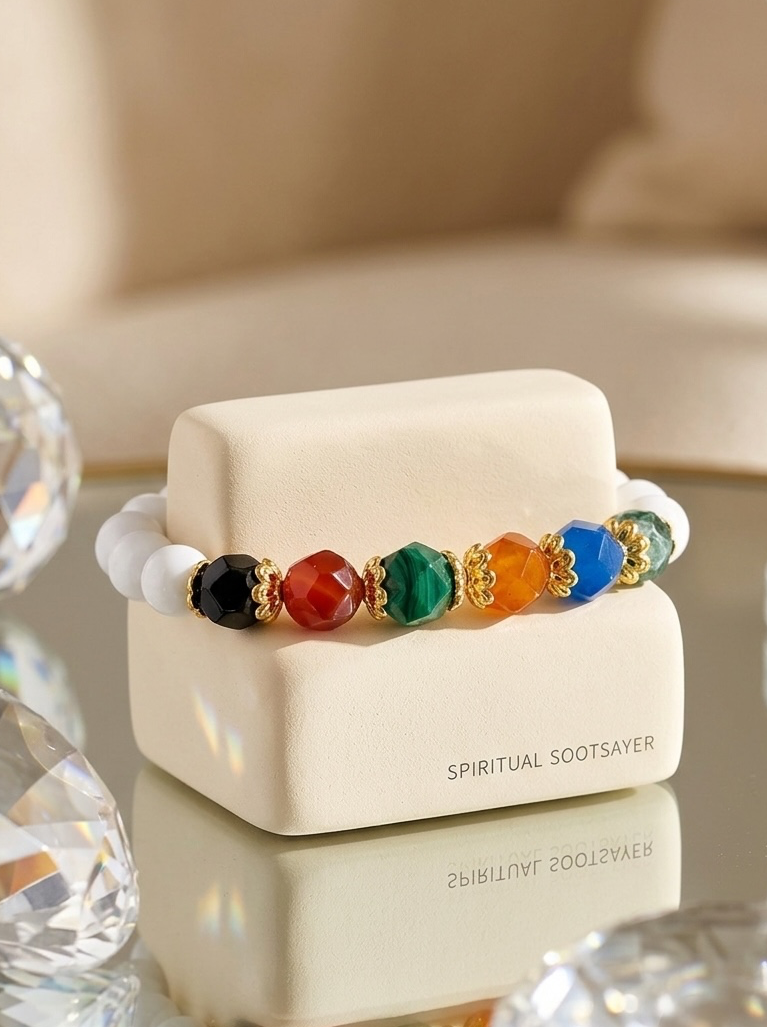 A beaded bracelet displayed on a cream-colored jewelry stand. The bracelet features white beads, a black bead with a red center, red beads, green malachite-style beads, orange beads, blue beads, and gold-toned spacer details.