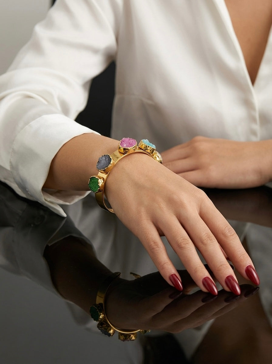 Aurora Spectrum Druzy Quartz Gold Cuff Bracelet