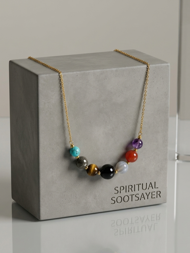 A gold chain necklace with multiple colorful gemstone beads displayed on a gray box labeled 'SPIRITUAL SOOTSAYER'.